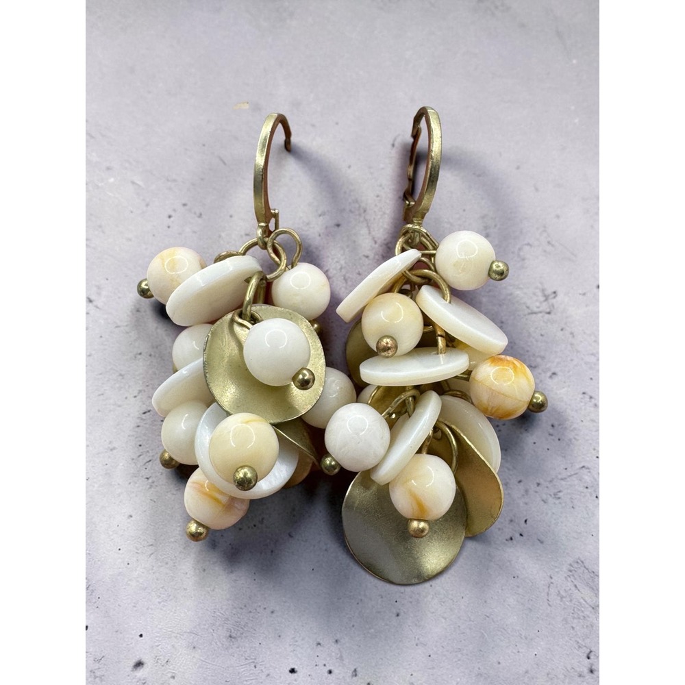 Bohemian Cream Bead and Gold Tone Disc Cluster Dangle Leverback Earrings Coastal